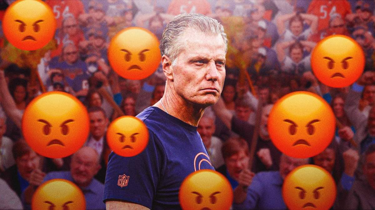 Matt Eberflus in Bears gear with angry fans chasing him with pitch forks.