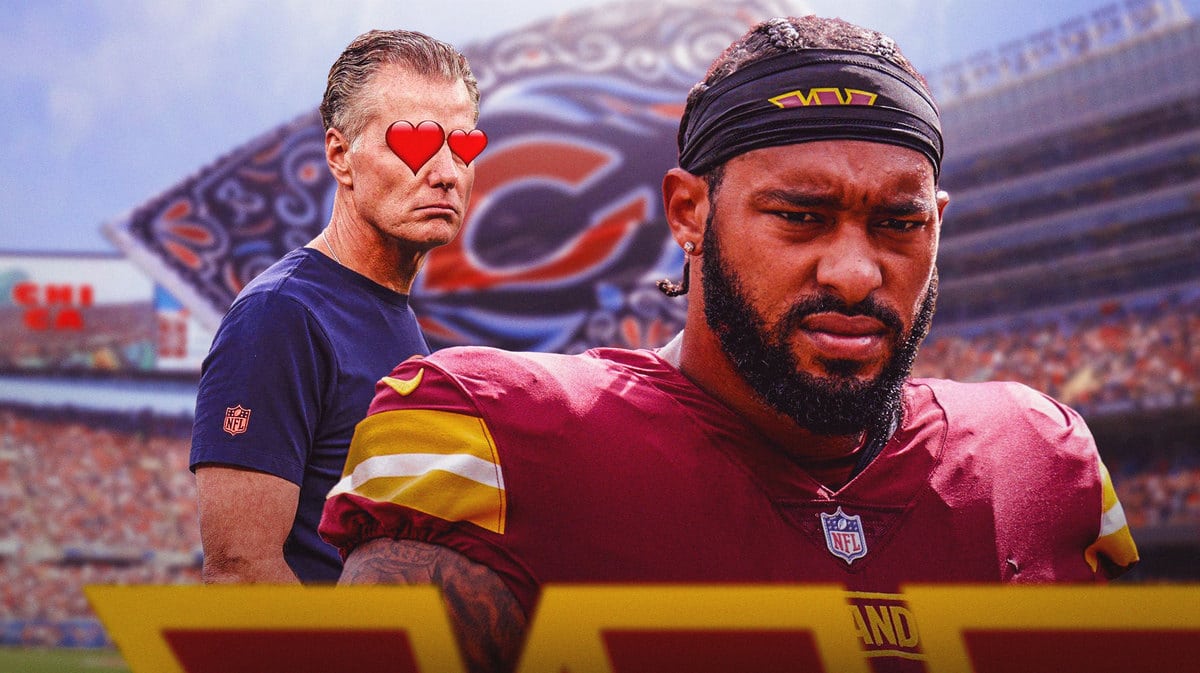 Montez Sweat with Matt Eberflus and a Bears flag