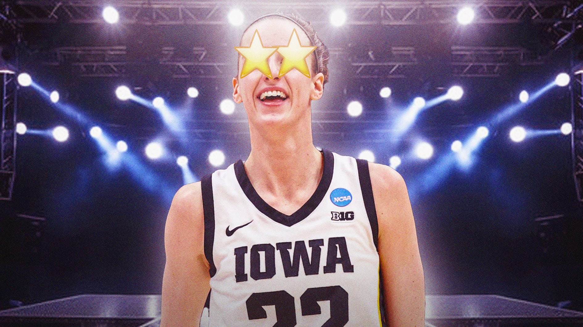 Iowa women's basketball Caitlin Clark in her Iowa uniform with stars in her eyes, on a stage with a spotlight on her