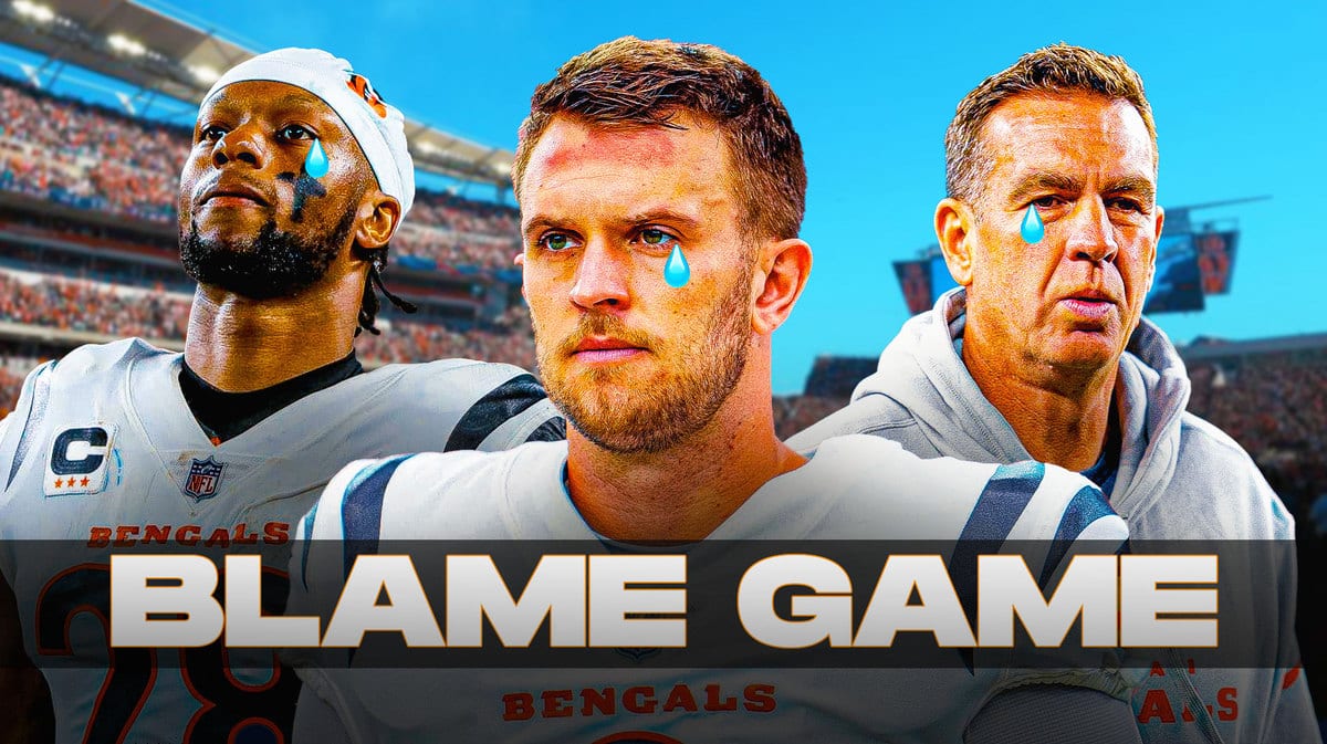 Jake Browning, Joe Mixon, Coach Lou Anarumo all with tear emojis 💧 and with crying Cincinnati Bengals fans in the background.