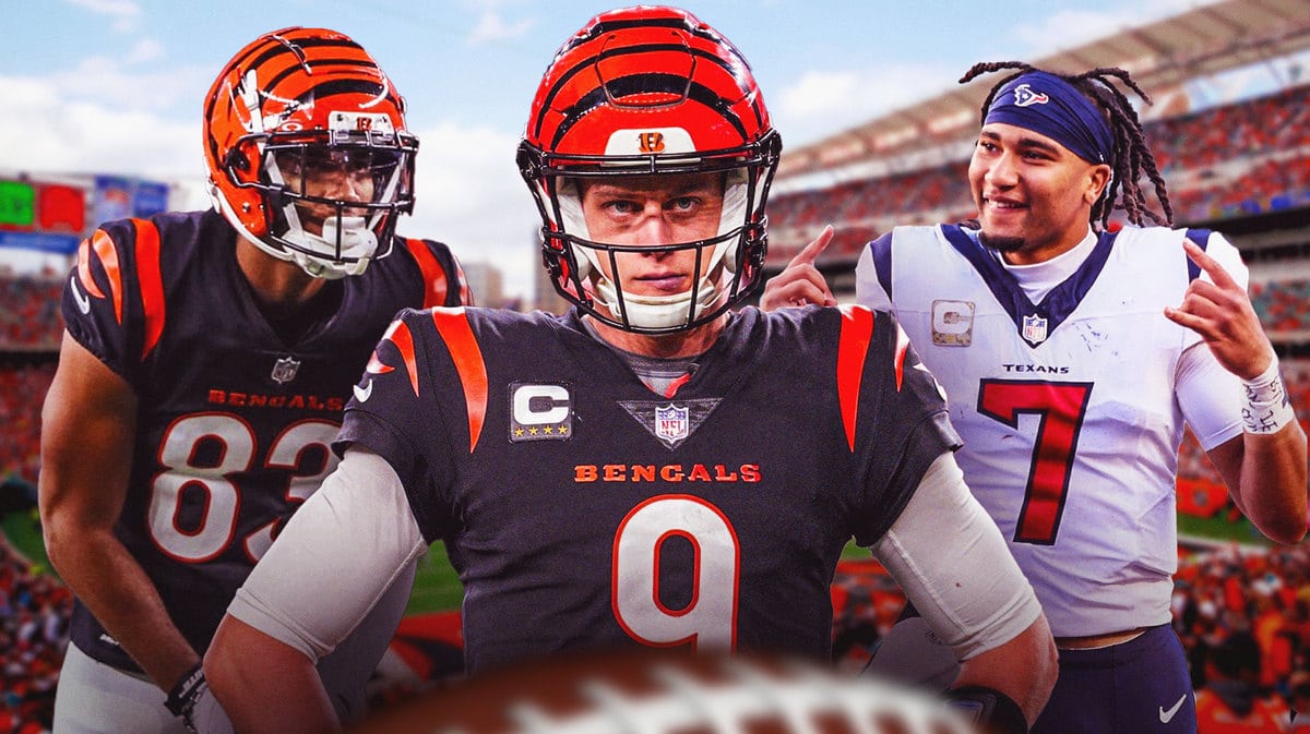 Bengals QB Joe Burrow sad, Tyler Boyd, Texans QB Cj Stroud laughing