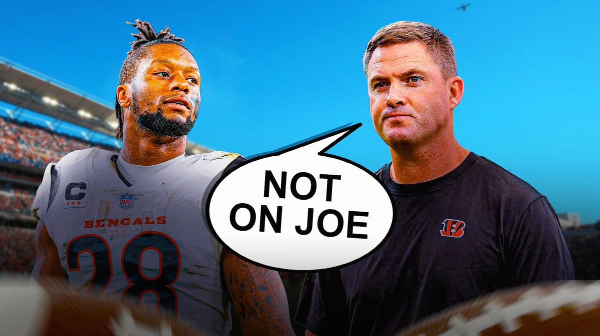 Cincinnati Bengals head coach Zac Taylor and speech bubble “Not on Joe” and next to him image of Bengals RB Joe Mixon