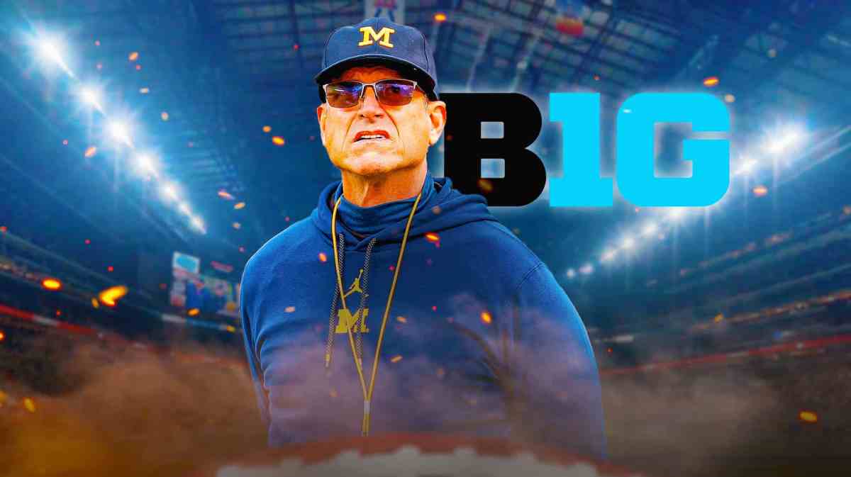 Michigan football, Jim Harbaugh, Big Ten, ACC, SEC, Jim Harbaugh and Big Ten logo with Michigan football stadium in the background