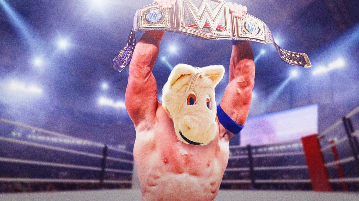Oklahoma Sooners mascot head on WWE superstar John Cena