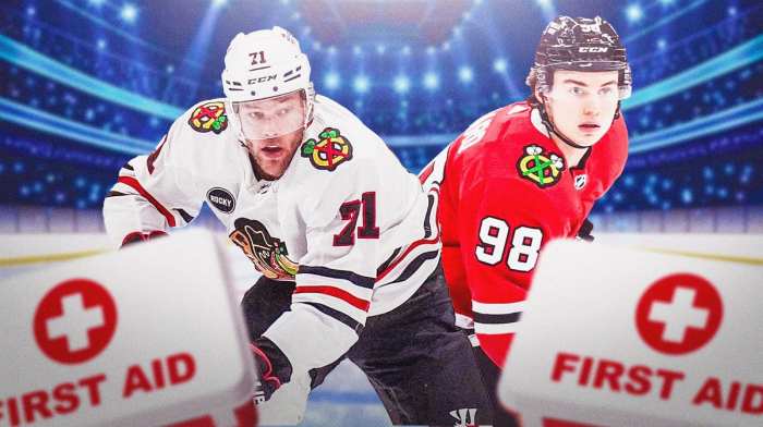 Connor Bedard, Taylor Hall with a first aid kit