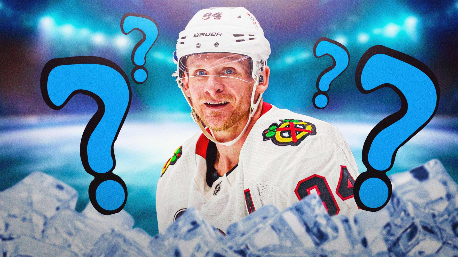 Corey Perry in a Blackhawks jersey with question marks around him NHL Power Rankings