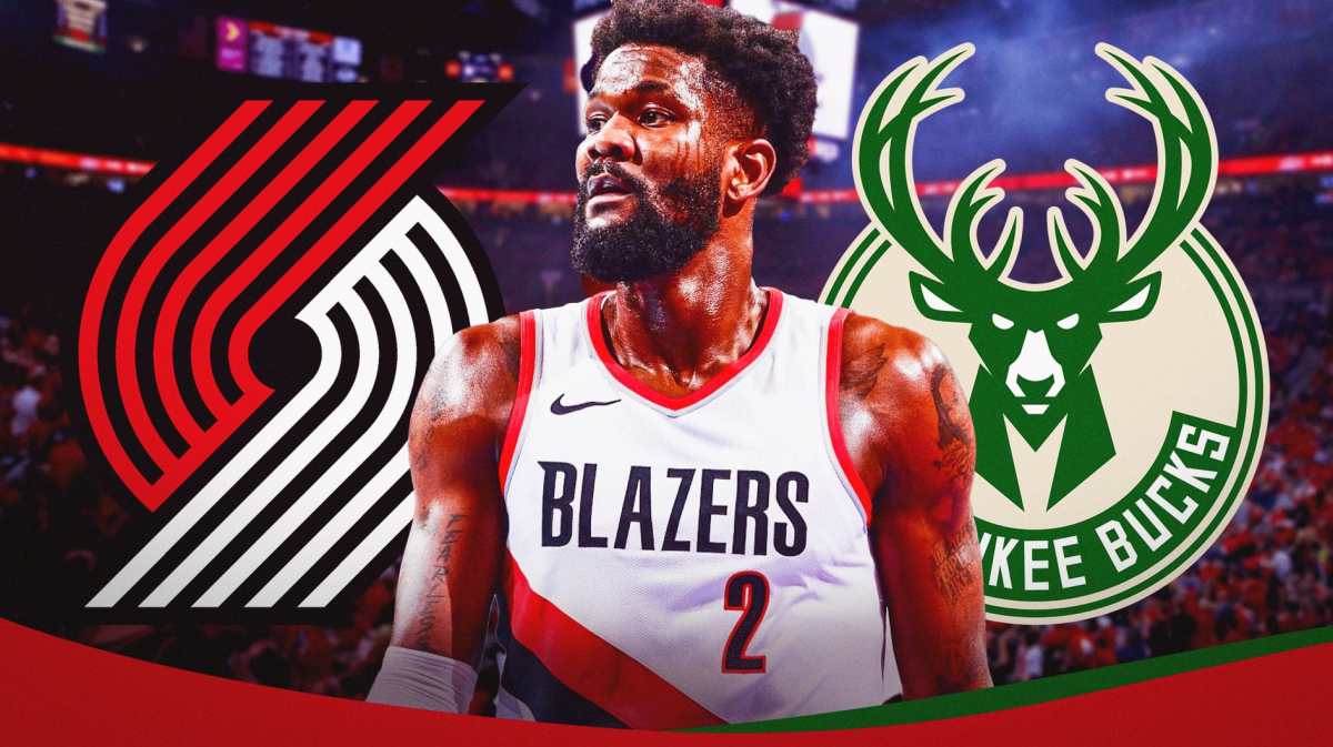 Deandre Ayton with both the Blazers and Bucks logos in the background injury