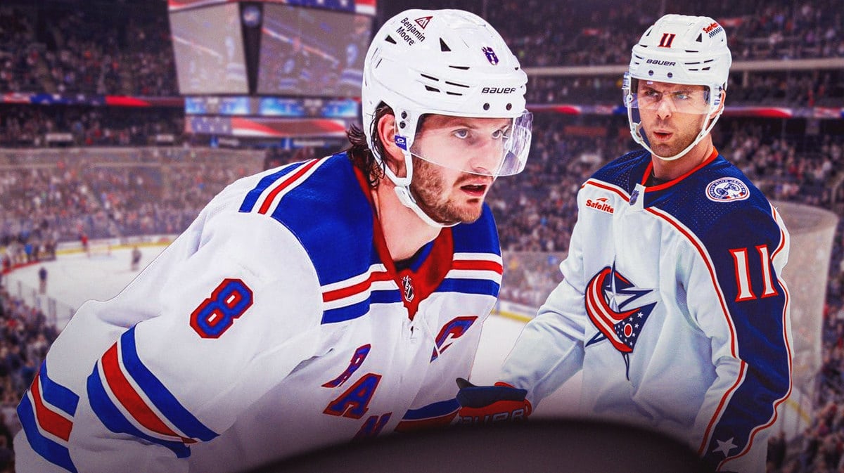 Columbus Blue Jackets forward Adam Fantilli confronting New York Rangers defenseman Jacob Trouba
