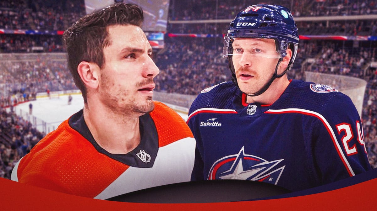 Columbus Blue Jackets forward Mathieu Olivier taking exception to a hit on teammate Zach Werenski from Philadelphia Flyers forward Garnet Hathaway