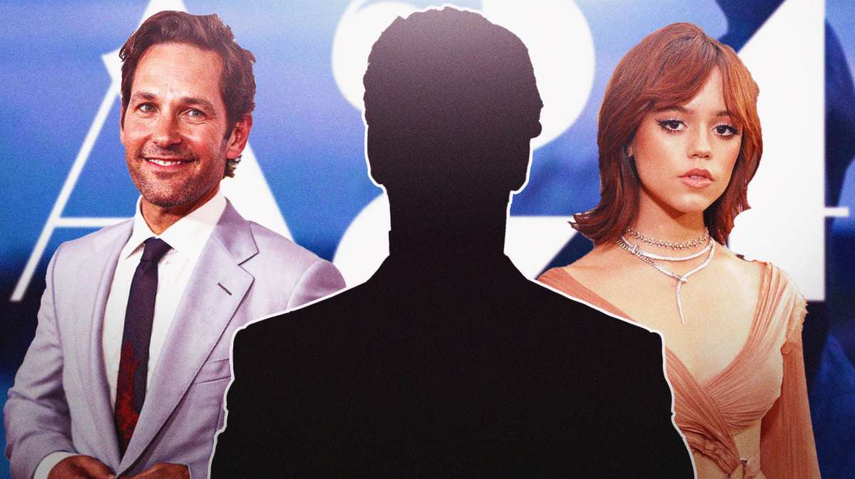 A24 logo and unicorn movie behind Paul Rudd, Will Poulter, and Jenna Ortega.