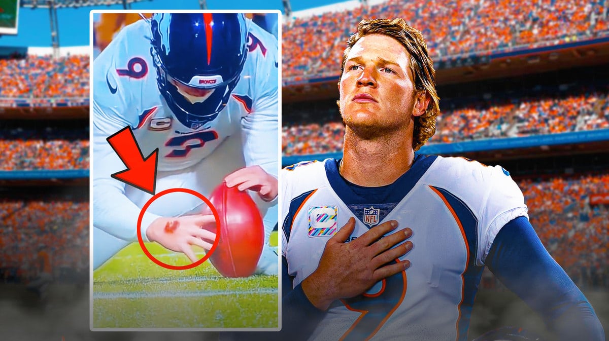 Arrow pointing at Broncos punter Riley Dixon's hand