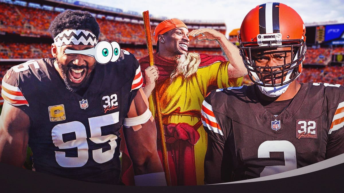Cleveland Browns players Myles Garrett, Dorian Thompson-Robinson, and Amari Cooper.