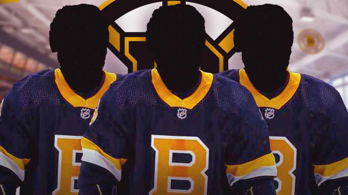 Three silhouetted players in Boston Bruins jerseys, BOS Bruins logo, hockey rink in background