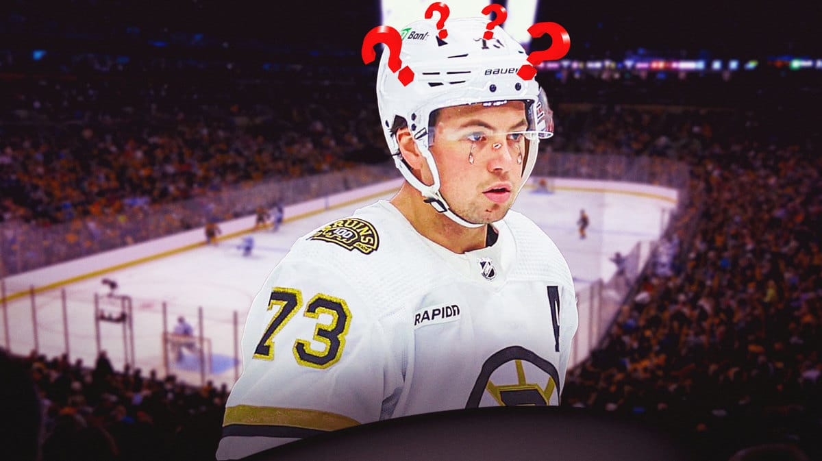 Bruins' Charlie McAvoy with animated tears on his eyes and question marks above his head
