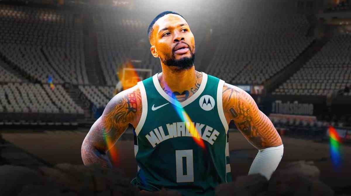 Damian Lillard with the Bucks arena in the background injury