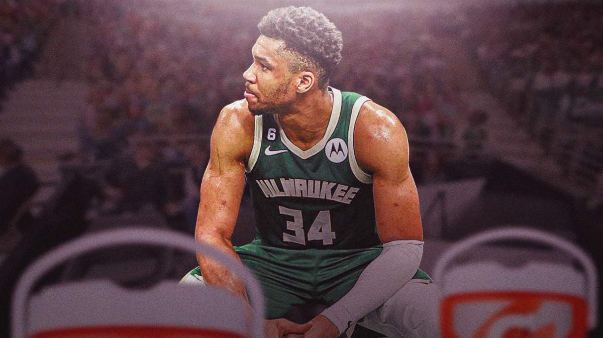 Giannis Antetokounmpo sitting on the bench