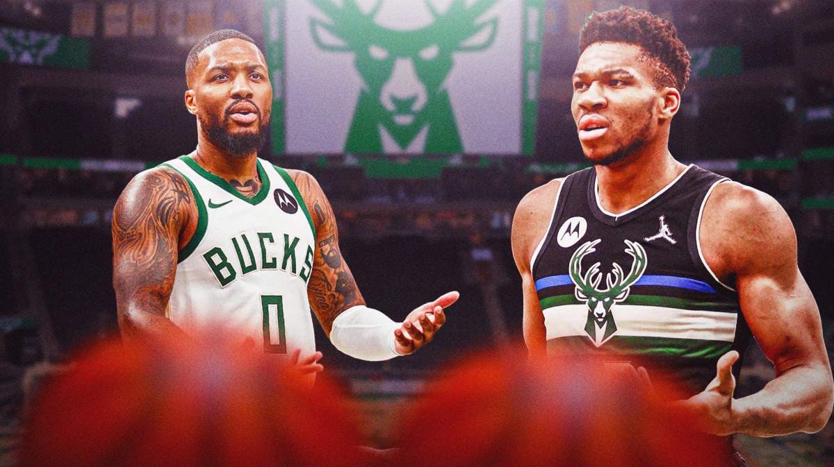 Milwaukee Bucks stars Damian Lillard and Giannis Antetokounmpo in front of the Fiserv Forum.
