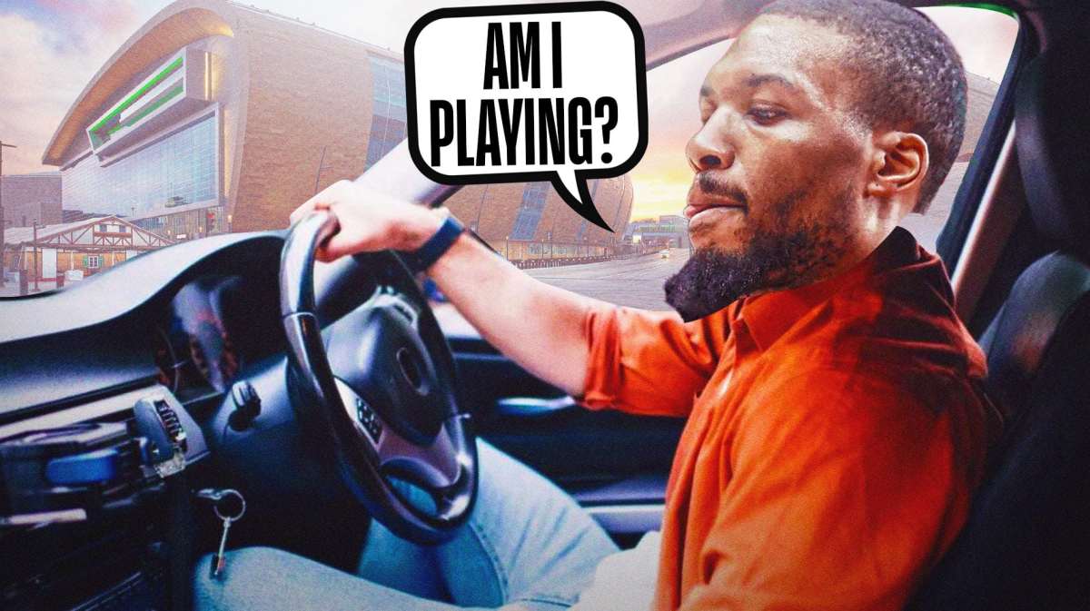 Bucks' Damian Lillard driving a car to the Fiserv Forum