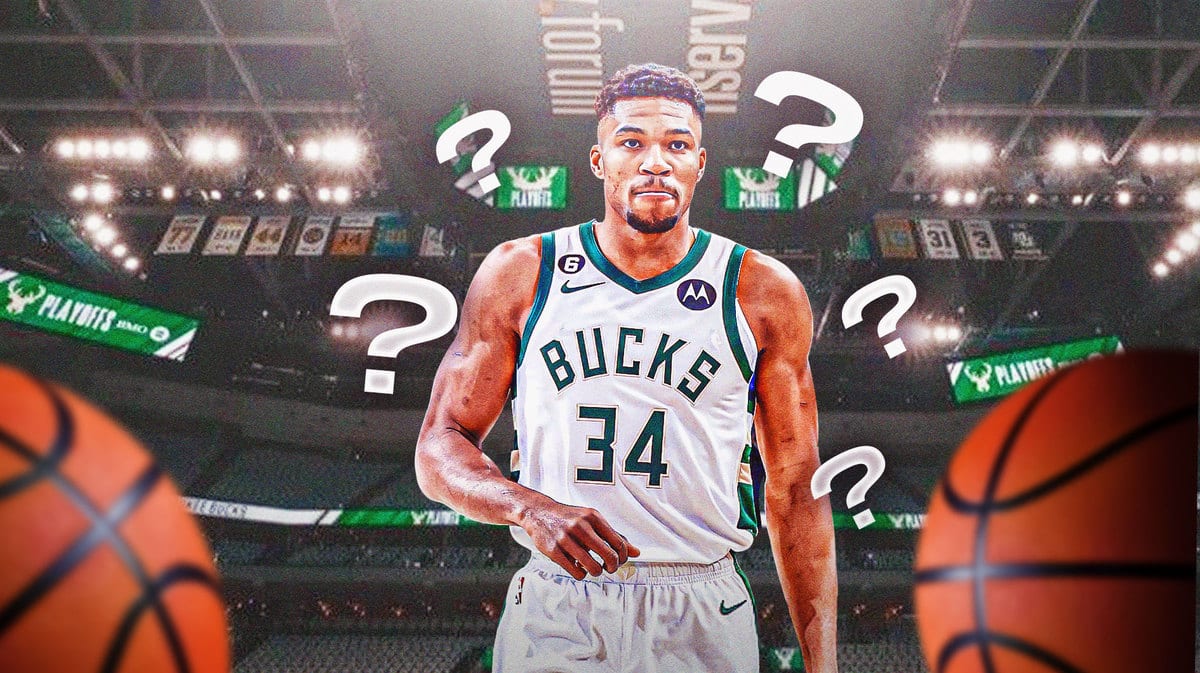 Giannis Antetokounmpo in Bucks jersey with question marks above him