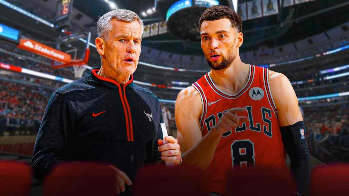 Chicago, Bulls, Billy Donovan, Zach LaVine, Zach LaVine trade, Zach LaVine rumors, Donovan and Zach LaVine (in Bulls uni) with Bulls arena in the background