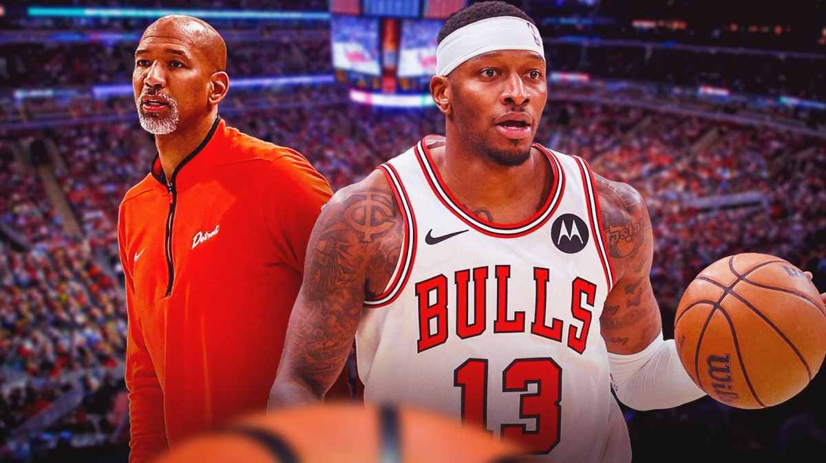 Chicago, Bulls, Pistons, Torrey Craig, Monty Williams, Torrey Craig in Bulls uni and Monty Williams with Bulls arena in the background