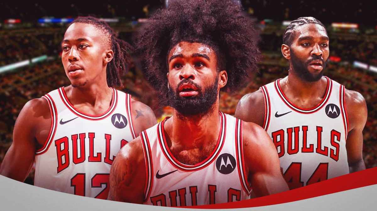 Bulls, Ayo Dosunmu, Bulls players, Bulls roster, Bulls depth chart, Ayo Dosunmu, Coby White, Patrick Williams all in Bulls uni with Bulls arena in the background