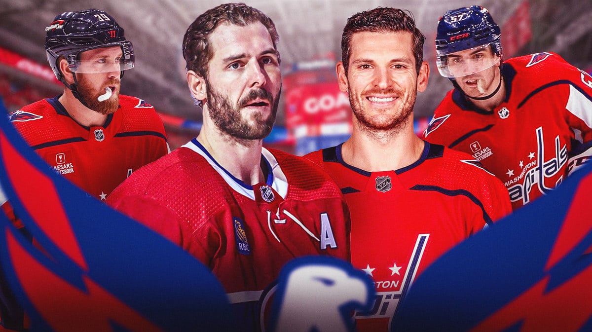 Anthony Mantha, Joel Edmundson, Nic Dowd and Trevor van Riemsdyk all in image, all in WSH Capitals jerseys, WSH Capitals logo, hockey rink in background