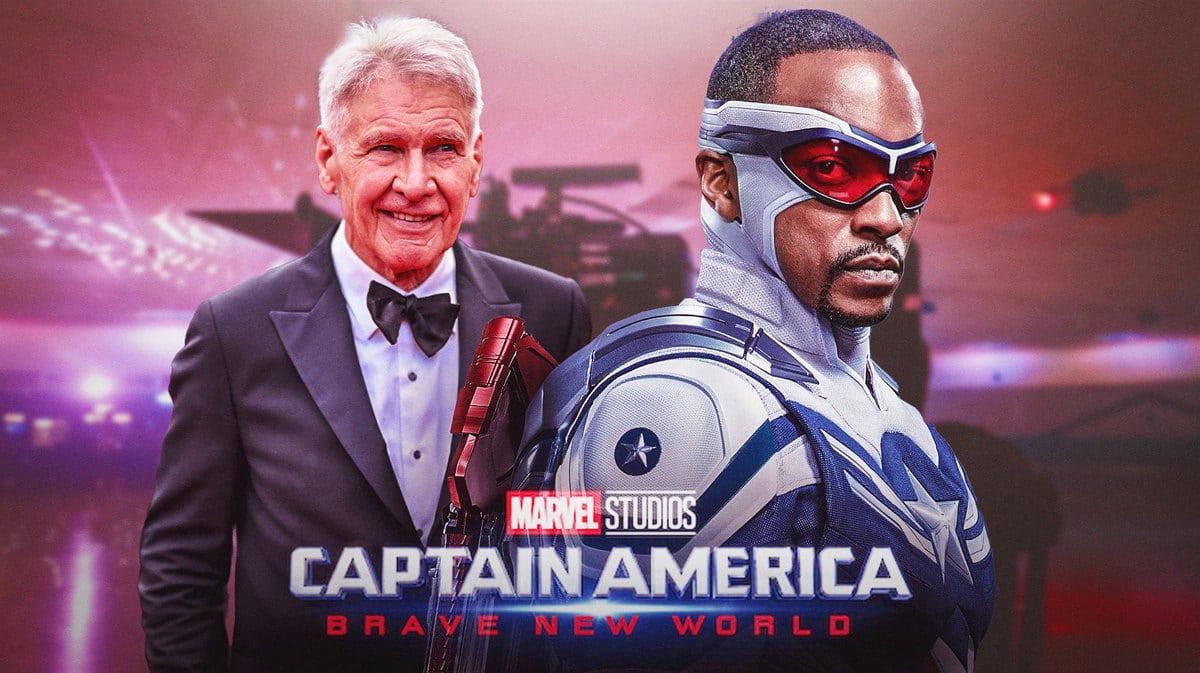 Harrison Ford and Anthony Mackie as Captain America behind Captain America: Brave New World logo.