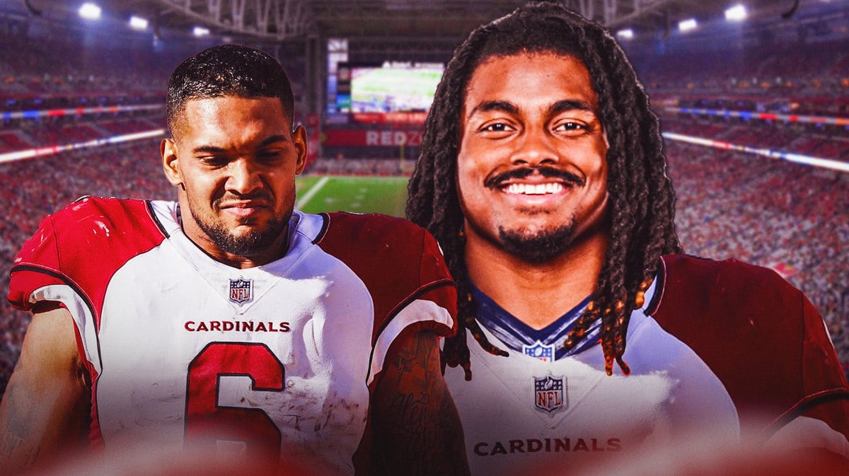 Arizona Cardinals running backs James Conner and Tony Jones Jr. in front of State Farm Stadium.