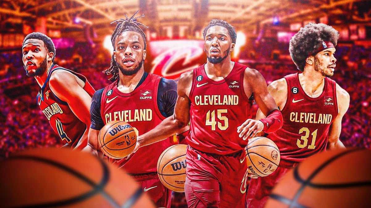 Donovan Mitchell, Darius Garland, Jarrett Allen and Evan Mobley in image, CLE Cavaliers logo, basketball court in background