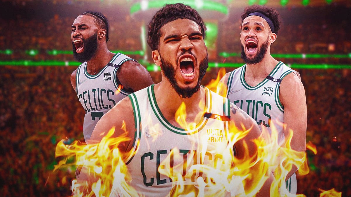 Celtics players Jayson Tatum Jaylern Brown and Derrick White after historic win vs Pacers
