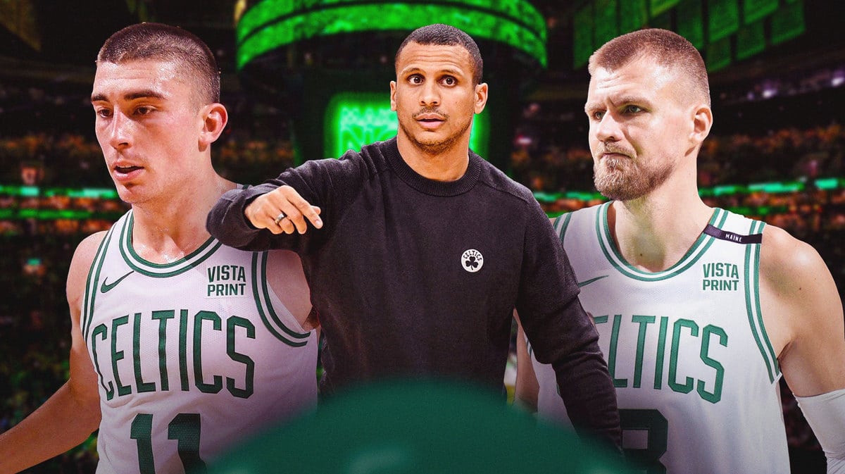 Joe Mazzulla looking sad after Celtics biggest diappointment in Jayson Tatum and Kristaps Porzingis broken play