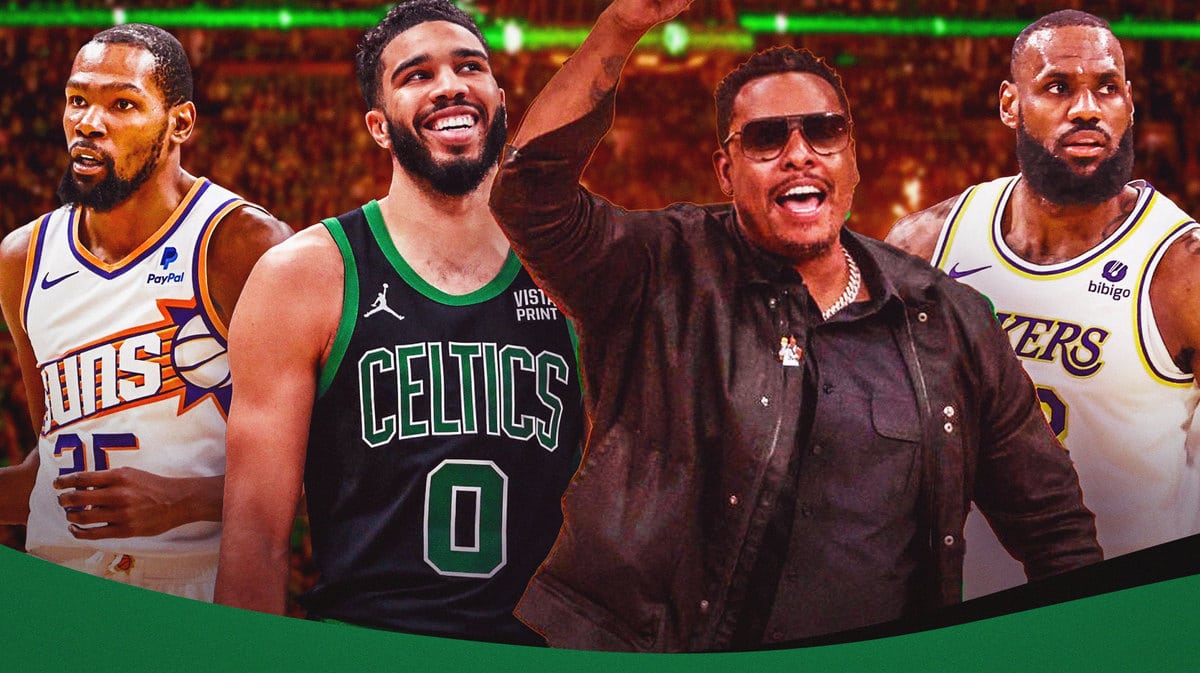 Celtics' Jayson Tatum next to Paul Pierce, Kevin Durant, and LeBron James