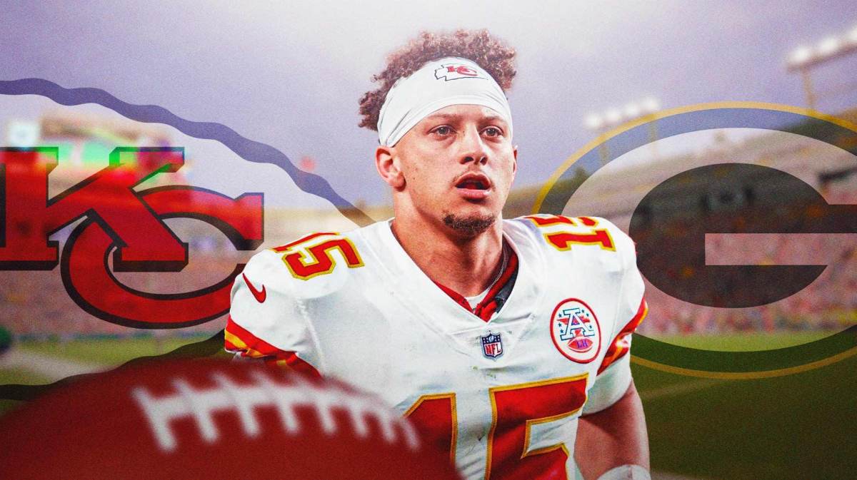 Kansas City Chiefs star Patrick Mahomes in front of Lambeau Field.