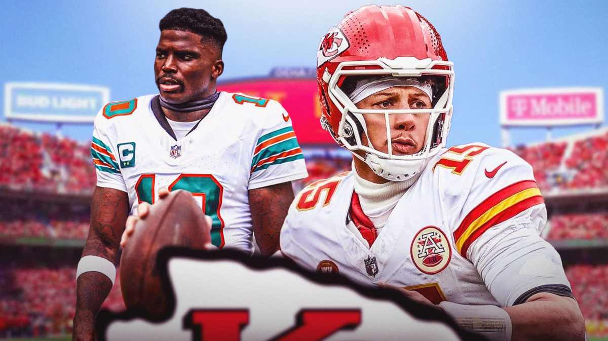 Kansas City, Chiefs, Dolphins, Patrick Mahomes, Tyreek Hill, Patrick Mahomes and Tyreek Hill with Chiefs stadium in the background
