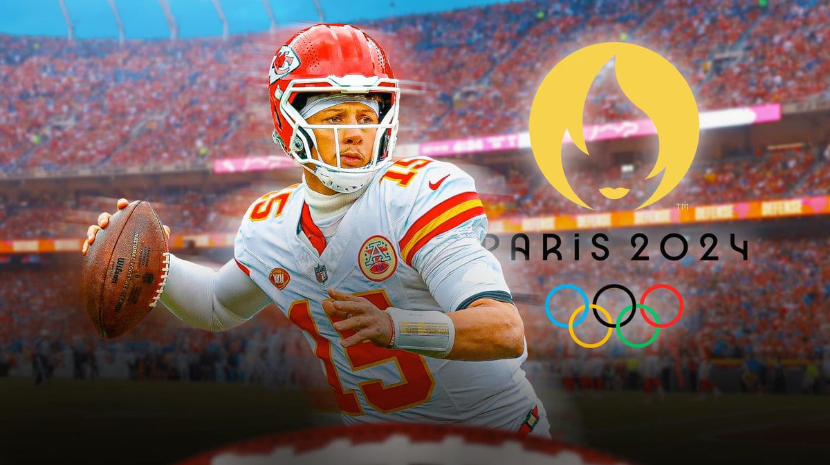 Chiefs QB Patrick Mahomes playing football next to the 2024 Summer Olympics logo