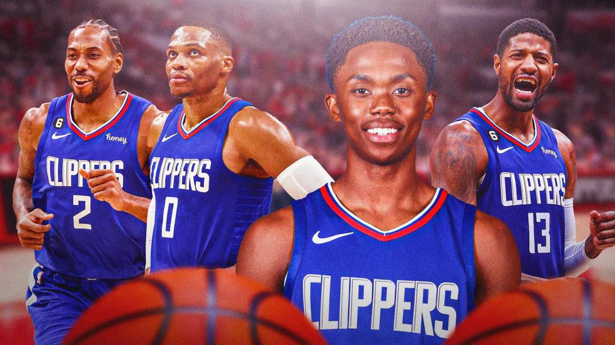 Josh Primo in Clippers uniform with Russell Westbrook, Paul George, and Kawhi Leonard