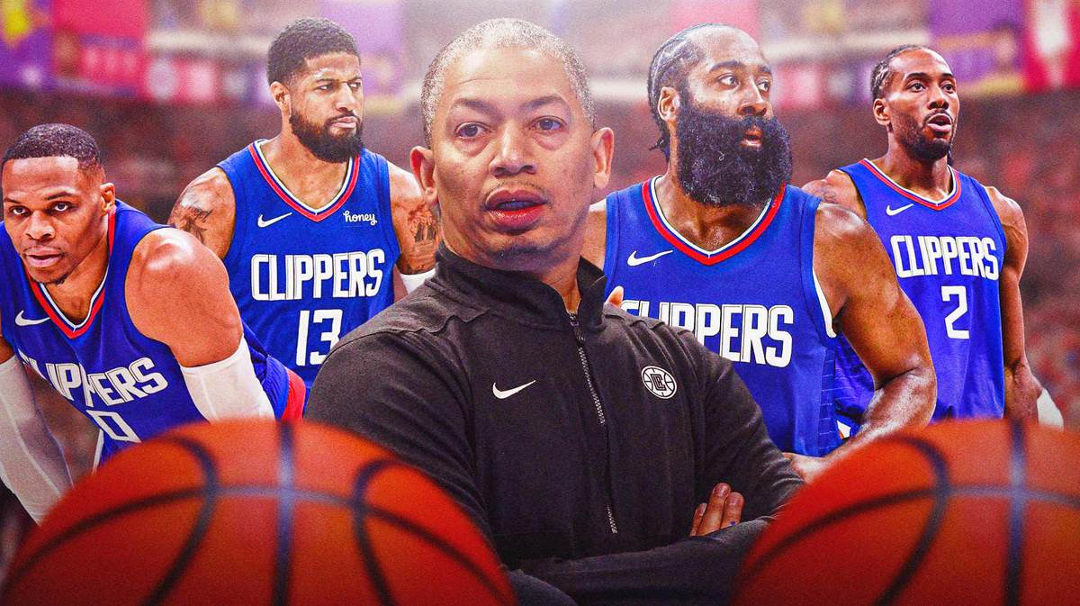 Tyronn Lue with James Harden, Russell Westbrook, Paul George, and Kawhi Leonard