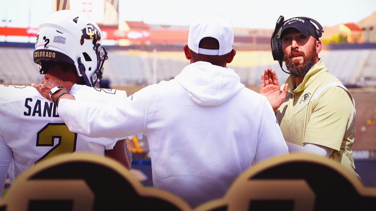 Colorado football head coach Deion Sanders with his son Shedeur, and offensive coordinator Sean Lewis