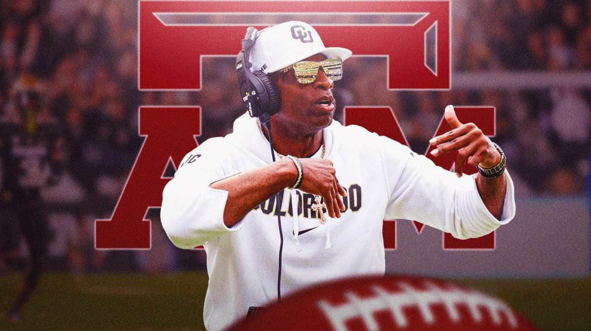 Colorado football team head coach Deion Sanders with the Texas A&M logo in front of Folsom Field.