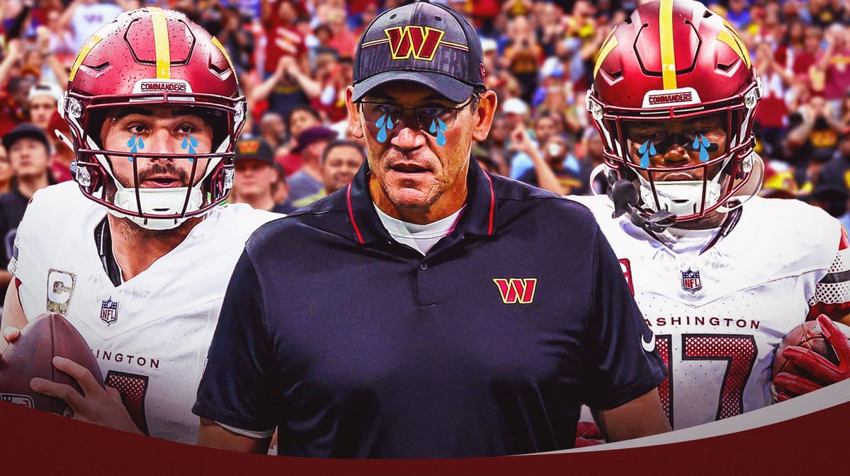 Sam Howell, Terry McLaurin, Coach Ron Rivera all with tear emojis 💧 and with crying Washington Commanders fans in the background.