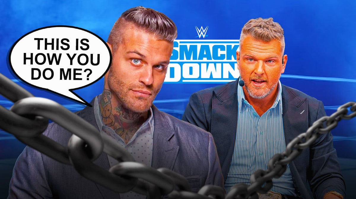 Corey Graves with a text bubble reading “This is how you do me?” next to Pat McAfee with the SmackDown logo as the background.