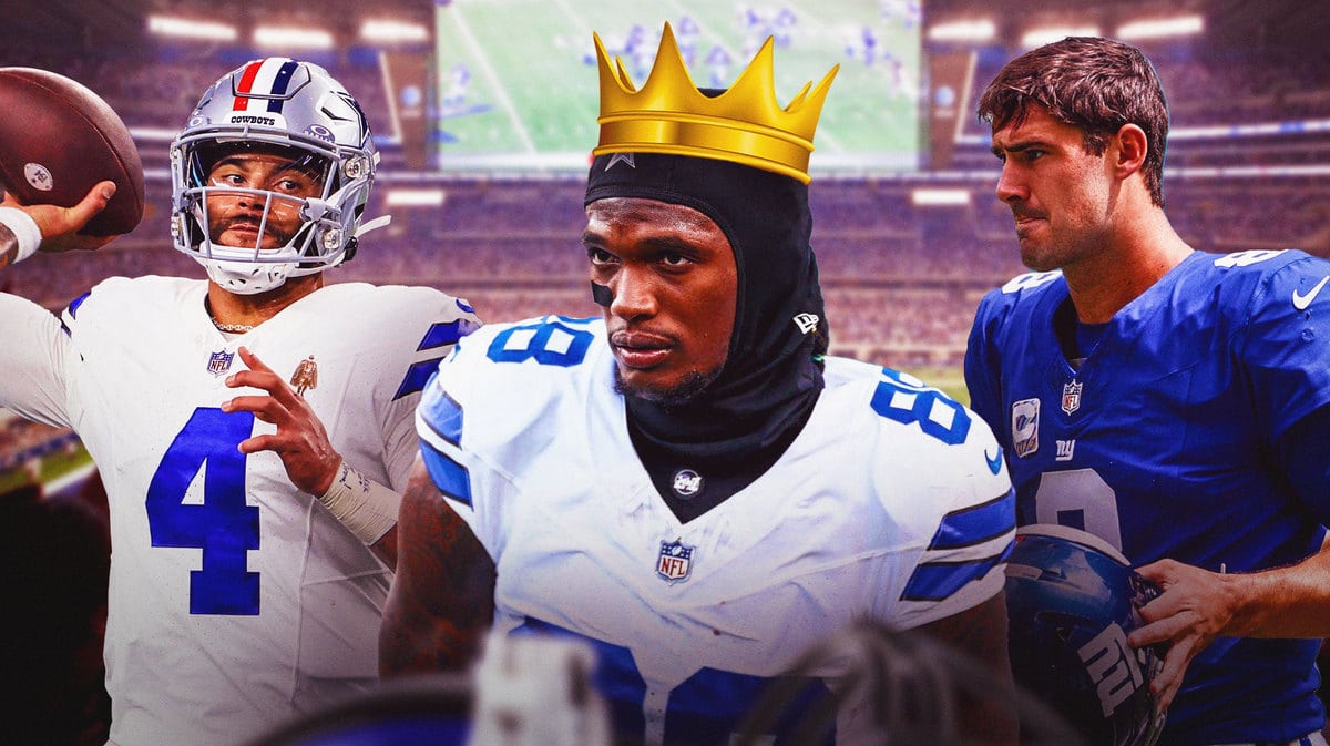 Cowboys QB Dak Prescott, CeeDee Lamb with a crown, Giants QB Daniel Jones sad