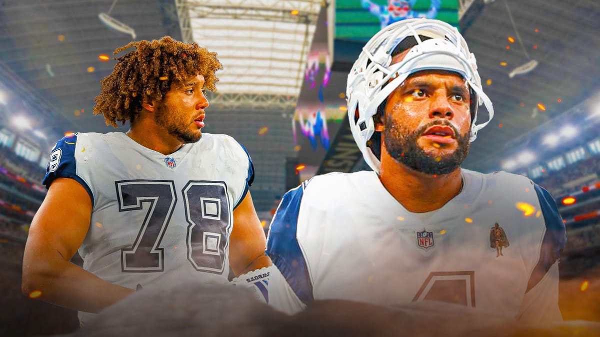 Dallas Cowboys' Terence Steele and Dak Prescott in front of AT&T Stadium.