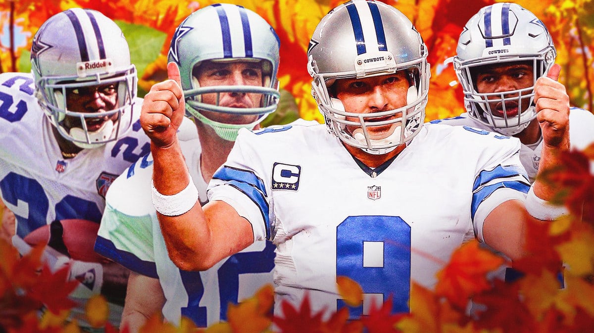 Emmitt Smith, Micah Parsons, Roger Staubach, Tony Romo all in Cowboys gear. Thanksgiving theme to the graphic (turkey/turkey legs, pumpkins, fall leaves, etc.)