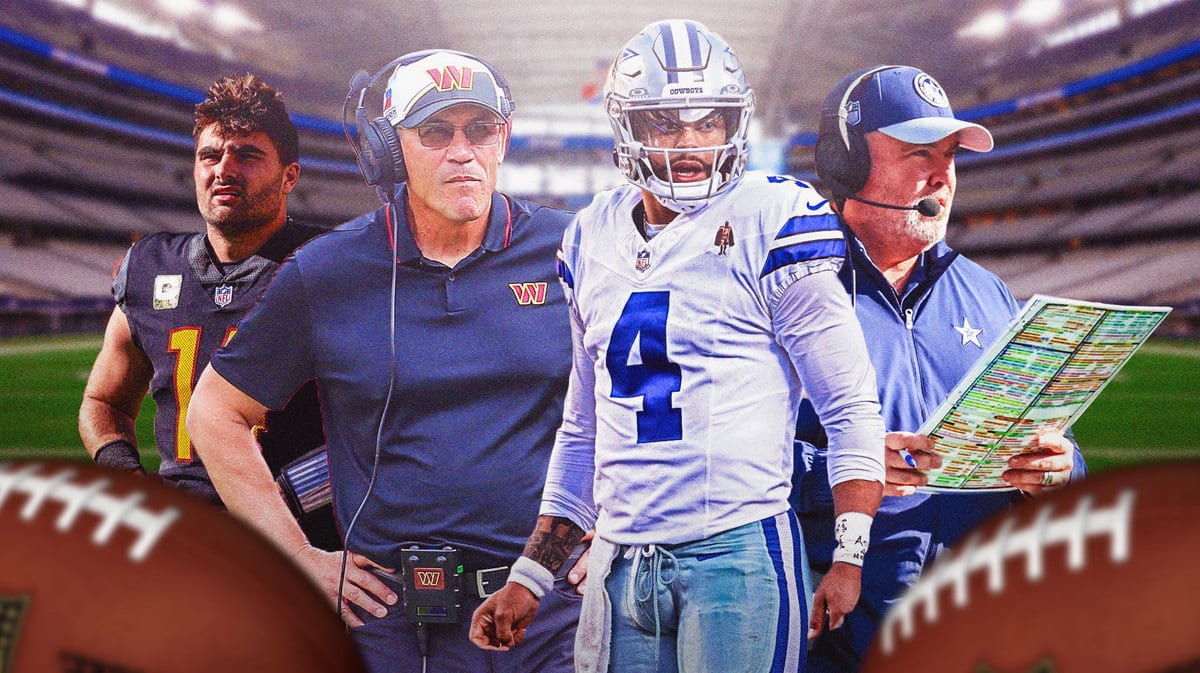 Dak Prescott, Mike McCarthy, Sam Howell, Ron Rivera. AT&T Stadium in background