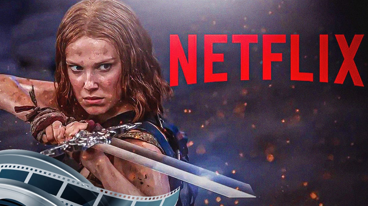 Millie Bobby Brown in Damsel with a Netflix logo.