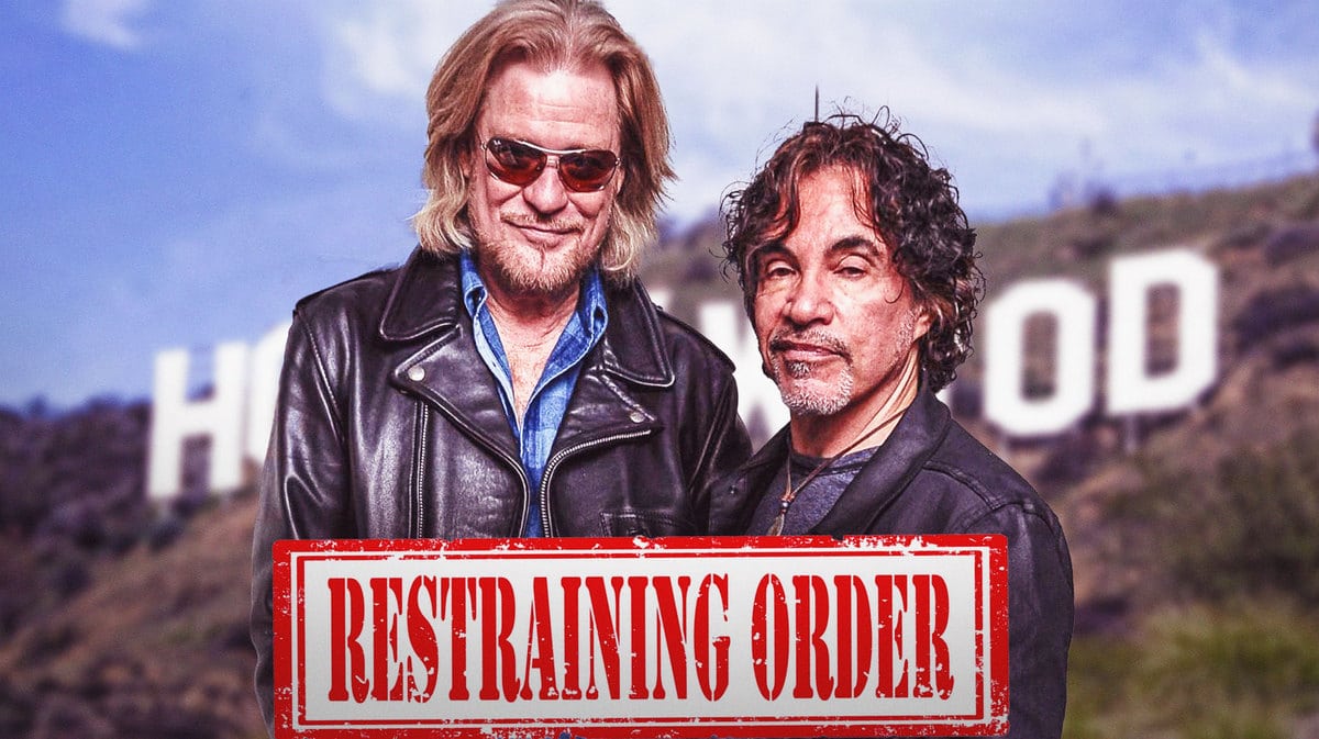 Daryl Hall and John Oates with a Hollywood sign behind htem and 'restraining order' in text.