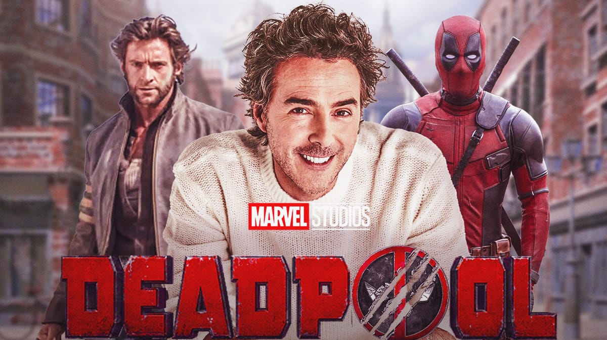Deadpool 3 logo and director Shawn Levy between Hugh Jackman Wolverine and Ryan Reynolds Deadpool.