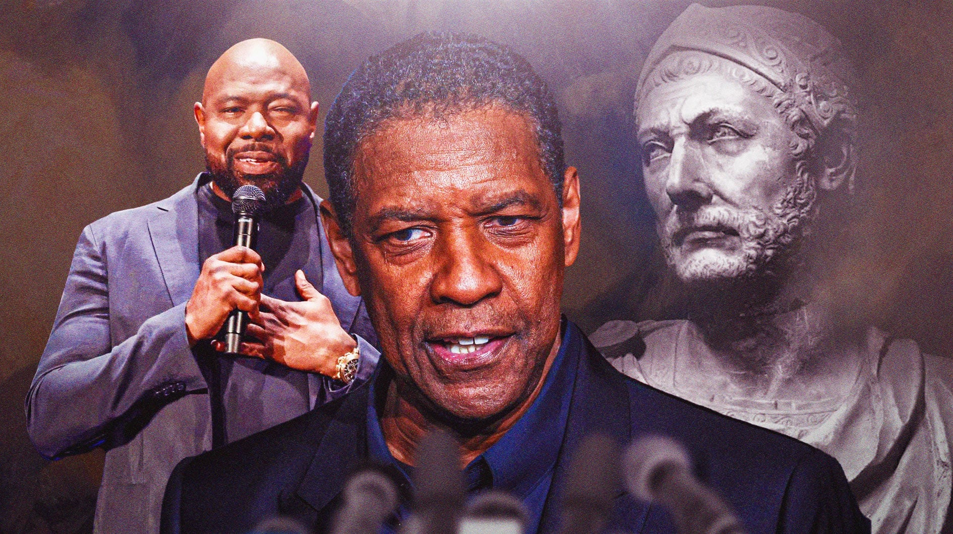 Antoine Fuqua and Denzel Washington next to bust of Hannibal.